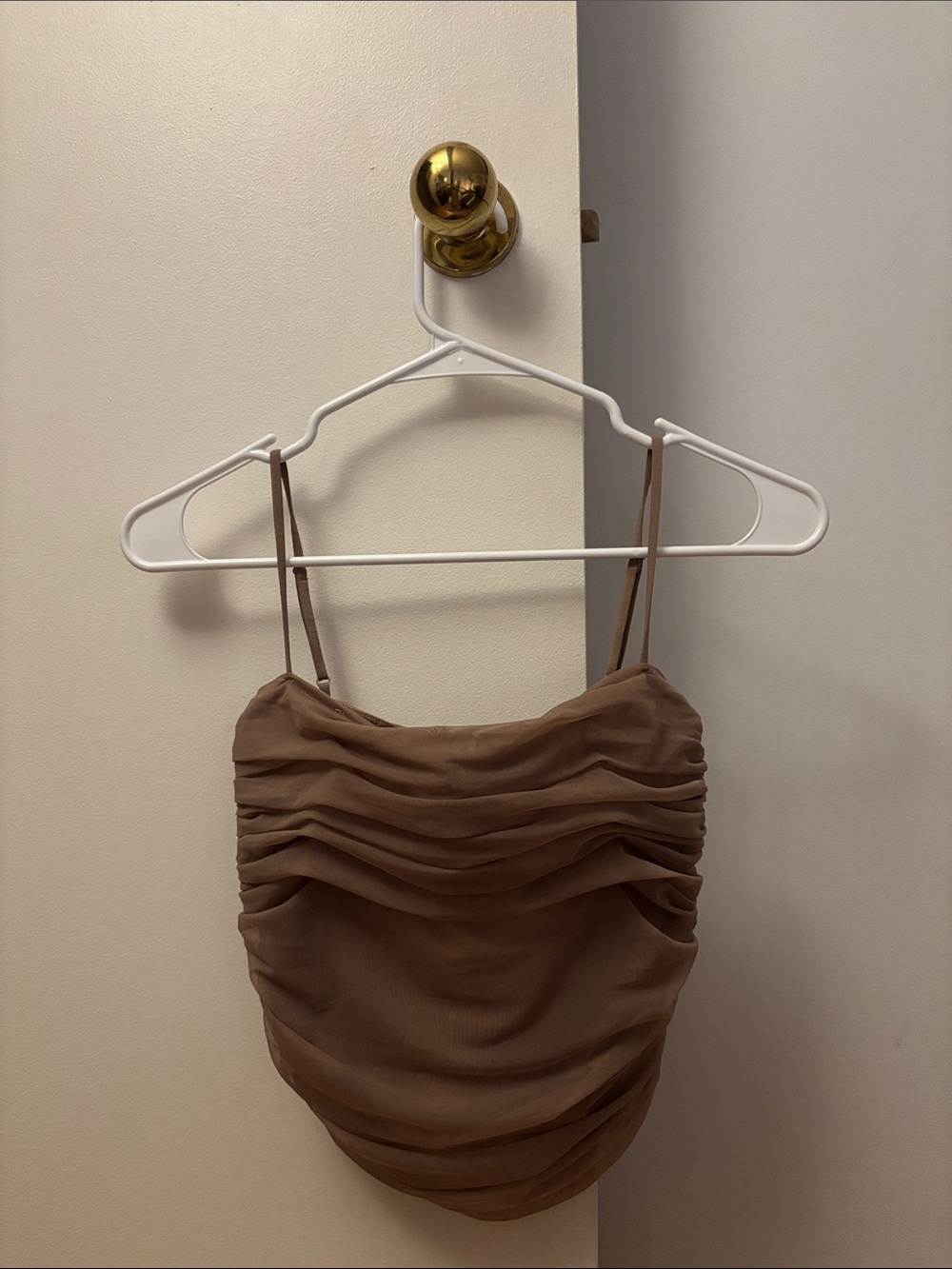 Babaton Ruched Spaghetti Strap Tank Top in Taupe
